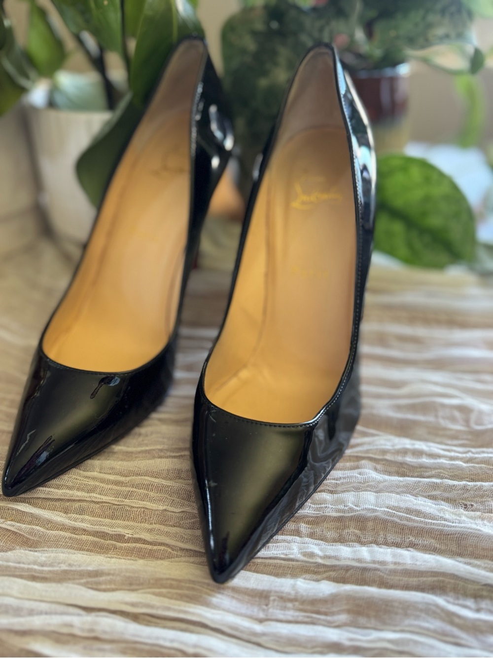 Christian Louboutin Black Patent Pointed-Toe Pumps with Signature Red Soles